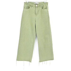 ZARA Womens Olive Green High Rise Wide Leg Distressed Edge Hem Jeans Sz 8